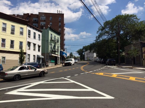 There are also no crosswalks at this complicated intersection of two wide, curvy streets: Fort Independence Street and Heath Avenue. (Photo: Jordan Moss)